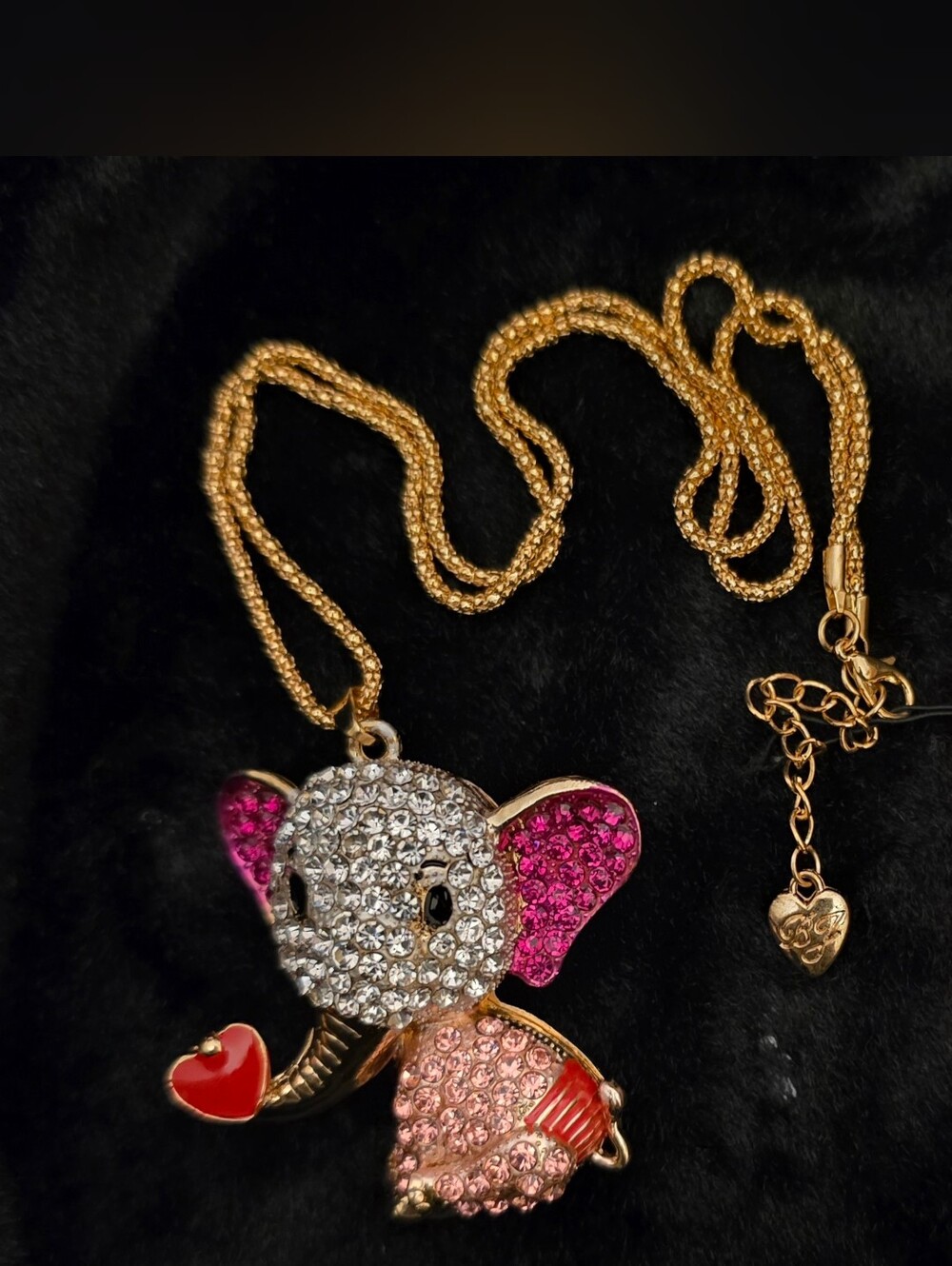Gold-Tone Pink and Clear Crystal Elephant Pendant Necklace